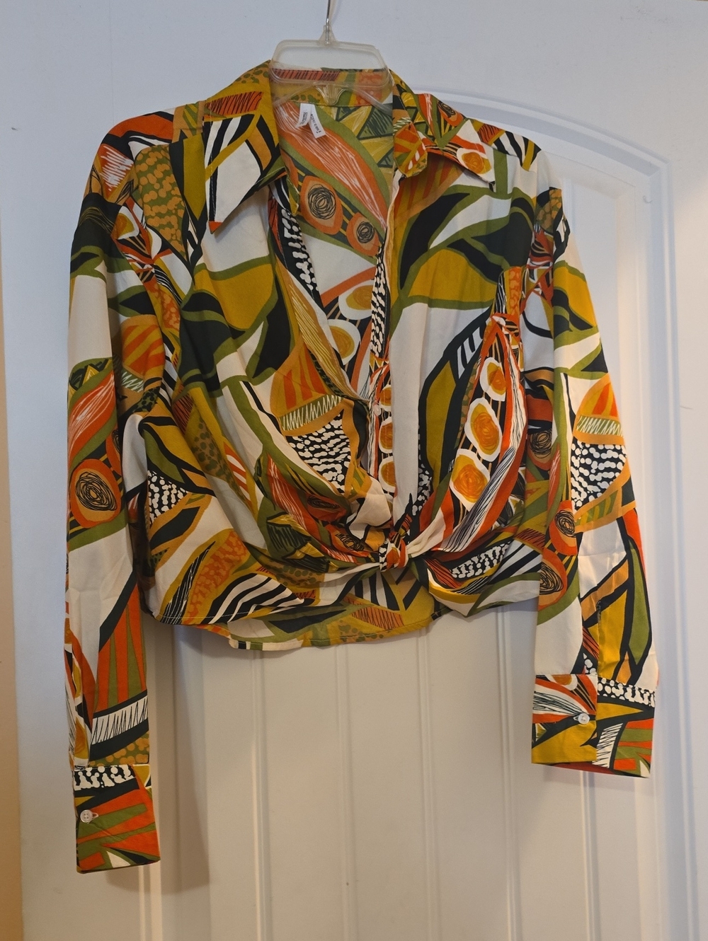 Live 4 Truth Abstract Knot-Front Blouse in Green, Orange & Cream